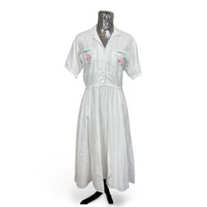 Vintage 90s Cottagecore Cotton Maxi Dress Large Embroidered Pockets Garden Party